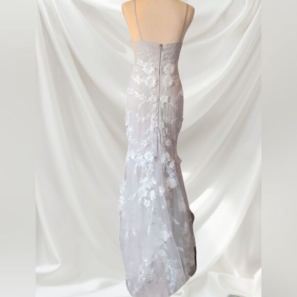 Stunning High Low Tulle With Flower Applique Overlay Gray Mermaid Fit Wedding Dr - Picture 7 of 15